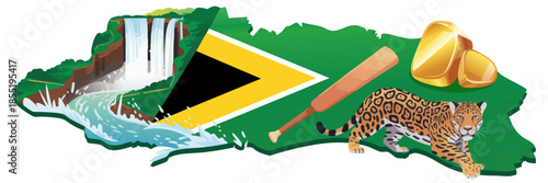 Guyana vector map illustration with Kaieteur Falls, national flag, jaguar, cricket bat and gold nuggets, South America travel concept