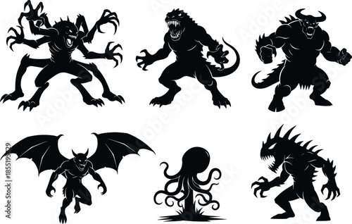 Monster silhouette, fantasy creature, horror beast, black illustration, tentacled entity, winged demon, reptilian monster, fierce pose, mythical design, creature concept