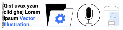 Data management, cloud computing, digital tools, technology workflows, audio recording, data storage. A gear in a folder, microphone and cloud upload. Data management and cloud computing concept
