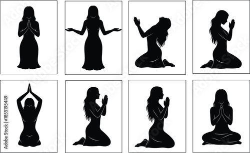 Prayer silhouette, meditative woman, spiritual pose, black illustration, mindfulness art, inner peace, seated posture, kneeling gesture, calm energy, reflection