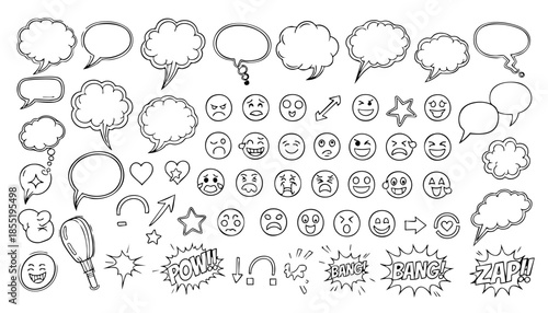 Set of hand-drawn comic explosion and shatter effect elements with cartoon smoke clouds, broken glass cracks, and rock debris in a bold black and white line art doodle illustration