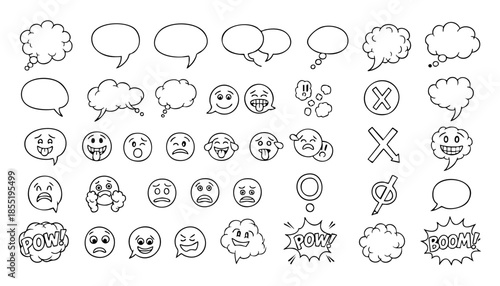 Set of hand-drawn comic explosion and shatter effect elements with cartoon smoke clouds, broken glass cracks, and rock debris in a bold black and white line art doodle illustration