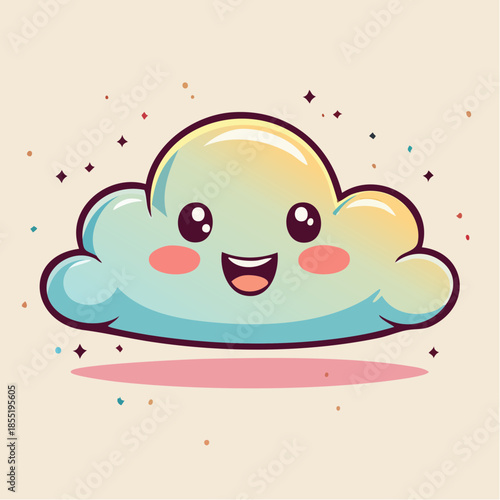 A cute cartoon cloud with a happy face and rosy cheeks floating above a pink shadow.