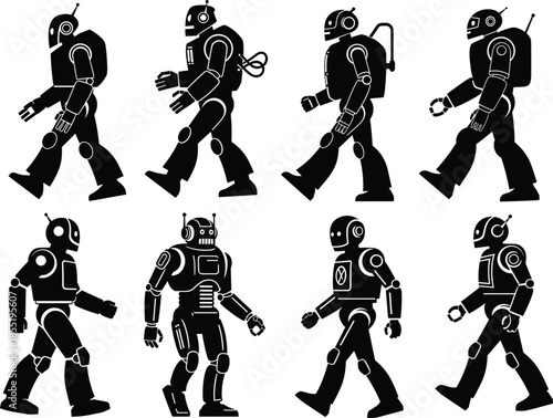 Humanoid robot silhouettes, walking motion, mechanical design, futuristic concept, black illustration, robotics diversity, antenna detail, retro style, tech evolution, motion study