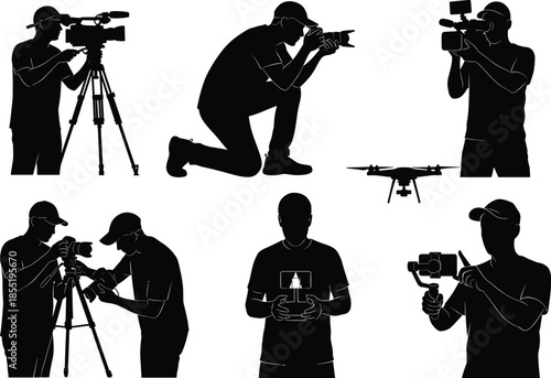 Videography silhouettes, photography poses, camera gear, drone operator, tripod setup, handheld stabilizer, black illustration, media production, filming crew, tech concept