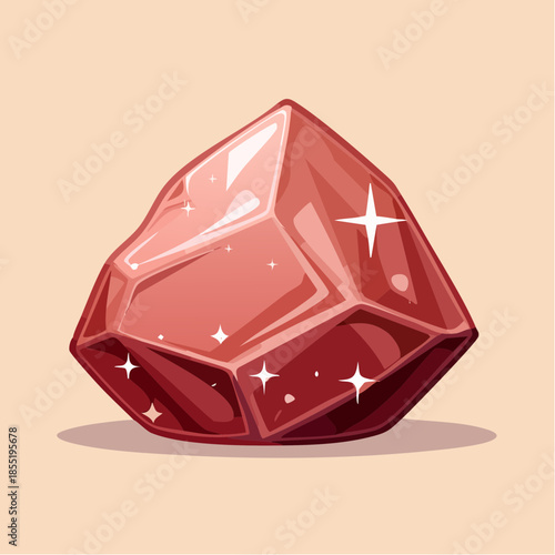 Illustration of a red gemstone with light reflections and a shadow on a beige background.