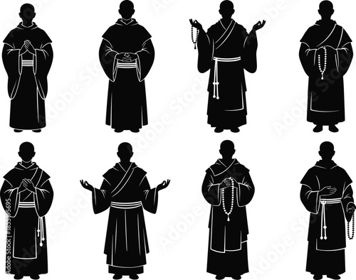 Monk silhouettes, prayer poses, religious figures, traditional robes, spiritual gestures, meditation stance, black illustration, cultural icon, contemplative art, sacred posture