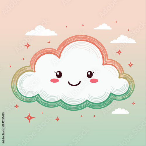 Cute cloud with a smiling face and colorful outline, surrounded by small stars, on a gradient background.