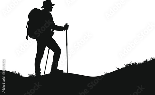 Silhouette of hiker, trekking poles, outdoor adventure, grassy trail, wide-brim hat, nature exploration, mountain hiking, wilderness travel, scenic terrain, solitude
