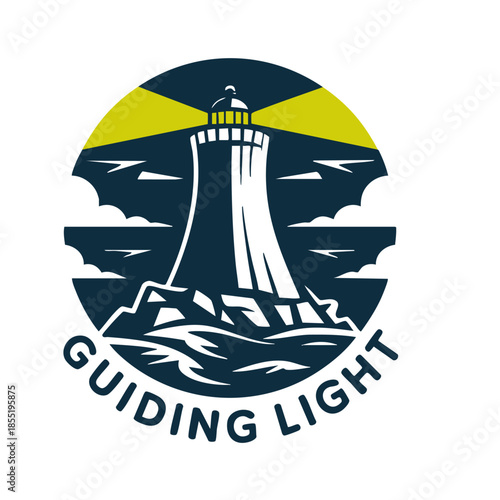 Guiding Light lighthouse logo design with beacon, rocky coast and ocean waves in modern minimal navy and yellow badge style
