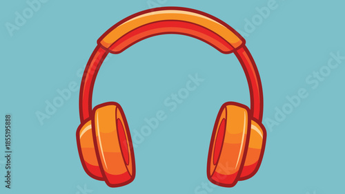 Cartoon illustration of red and orange headphones on a blue background.