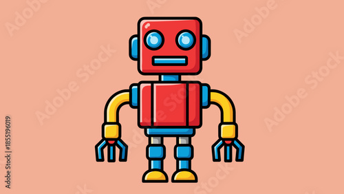 Cartoon robot with red body, blue accents, and yellow arms on a peach background.