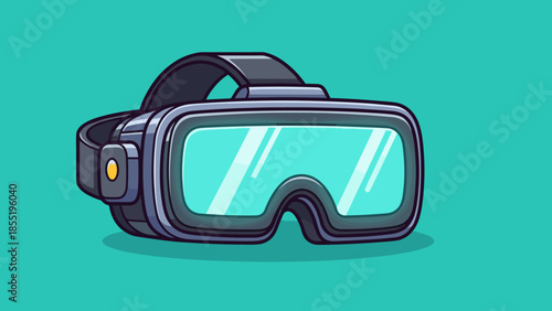 Cartoon illustration of a virtual reality headset on a teal background.