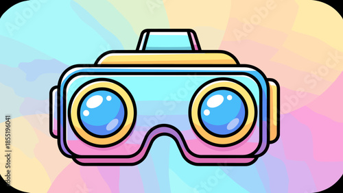 Cartoon VR headset with pastel background, featuring blue lenses and a yellow top, outlined in black.