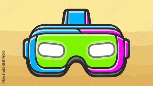 Cartoon VR headset with blue, pink, and green accents on a tan background.