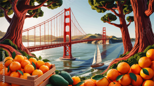 Colorful illustration of Golden Gate Bridge with sailboat, orange groves and avocado harvest in vibrant coastal California landscape