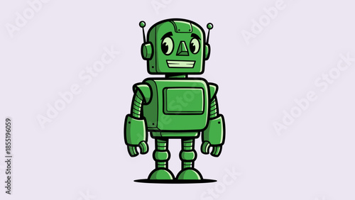 Cartoon illustration of a green robot with a friendly expression standing on a white background.