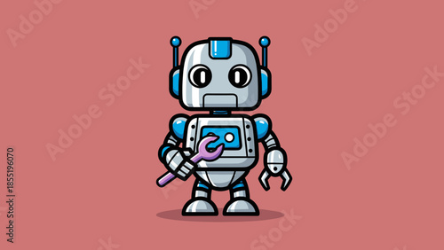 Cartoon robot holding a wrench on a pink background.