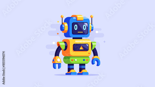 Cartoon robot with blue head, yellow body, green arms and legs on a light blue background.