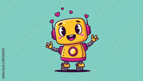 A cheerful cartoon robot with hearts floating above its head, set against a light blue background.