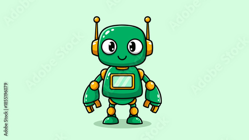 Cartoon illustration of a green robot with yellow accents standing on a light green background.