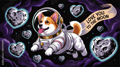 Cute corgi astronaut in space with heart shaped asteroids and romantic love you to the moon cosmic illustration
