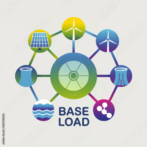 Colorful baseload energy mix infographic with nuclear, solar, wind, hydro and gas power generation icons on light background