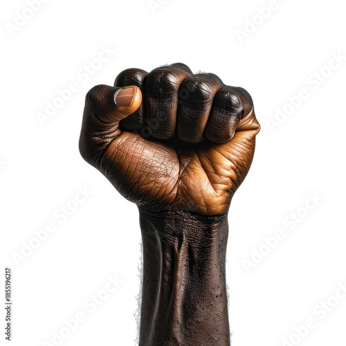 A powerfully illuminated clenched black fist raised against a stark black background.