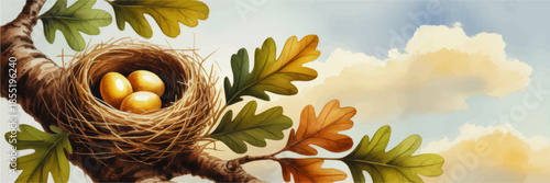 Golden eggs in bird nest on oak tree branch, spring and autumn leaves against soft blue sky, whimsical watercolor illustration banner