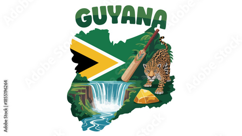 Guyana travel illustration with flag map, jaguar, cricket bat, tropical waterfall and gold nugget, South America tourism design