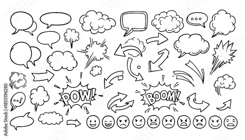 Comic boom cartoon effect line element set. Comic speech bubble pow, boom text, explosive splash smoke, wow cartoon vector icon. Hand drawn sketch doodle explosive element. Vector illustration. EPS.