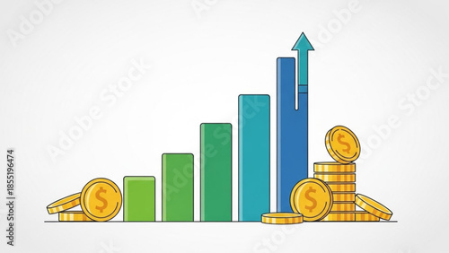 Financial Growth Bar Chart with Stacks of Gold Coins, Isolated Illustration