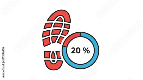 Red Footprint Progress Icon with 20 Percent on White