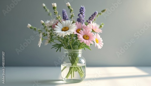 Wallpaper Mural Bouquet of daisies and lavender in glass jar. White and pink flowers with green stems sit on table. Soft light illuminates gentle floral arrangement. Torontodigital.ca