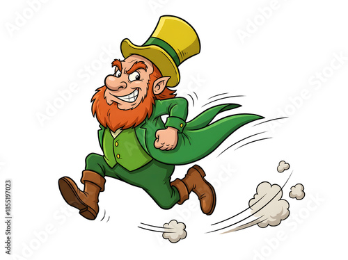 St patricks leprechaun cartoon figure in green coat and hat runs away from overturned pot with white smoke or cloud on white and transparent
