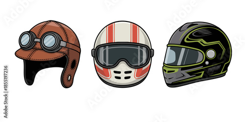 Vintage and modern motorcycle helmets collection illustration, racing and biker safety gear icons on transparent background