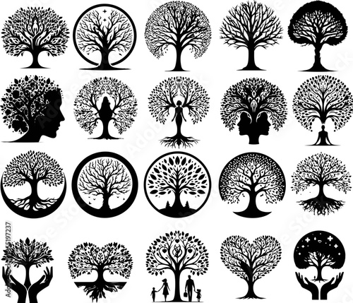 Collection of black tree of life silhouettes featuring human figures, faces, roots, hands, family symbols and nature elements. Perfect for logos, tattoos, wall art, spiritual, wellness and design proj