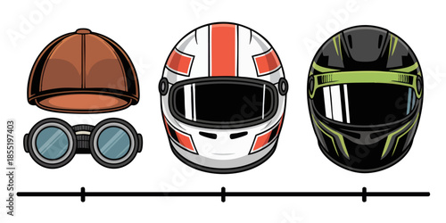 Evolution of racing helmets vector illustration with vintage pilot cap, classic motorsport helmet and modern sport design on transparent background