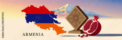 Armenia travel banner with flag map, Mount Ararat landscape, khachkar cross stone and pomegranate fruit illustration