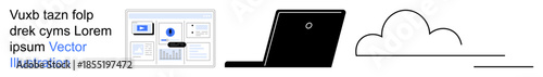 Web design, cloud storage, online workspace, remote work, internet technology, digital tools. Computer screen, laptop and cloud shape. Web design and cloud storage concepts