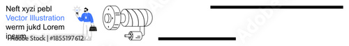 Engineering, manufacturing, machinery repair, industrial technology, technical inspection, workplace analysis. An engineer stands near a motor with a technical diagram. Engineering and manufacturing