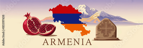 Armenia travel vector illustration with pomegranate fruit, khachkar stone cross, national map flag and Mount Ararat landscape background