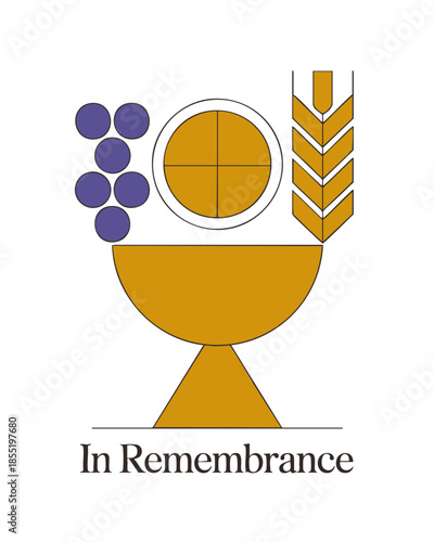 Modern minimalist communion illustration with chalice bread wheat grapes and In Remembrance text for Christian Eucharist design