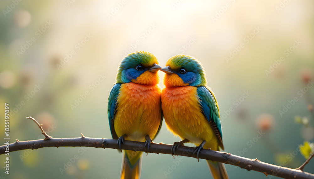 Obraz premium Colorful budgerigar birds resting together on a tree branch in a natural outdoor environment, captured in daylight to show harmony, interaction and vibrant wildlife presence