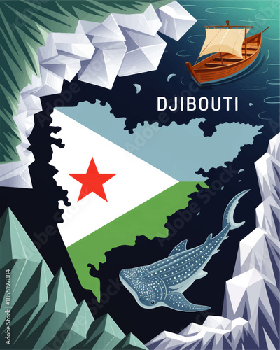 Djibouti tourism illustration with national flag map, whale shark, traditional boat and coastal mountains in modern flat design