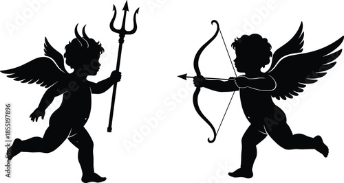 Cupid angel silhouettes with wings isolated on white background showing love mythology fantasy archery romance and valentine themed illustration concept