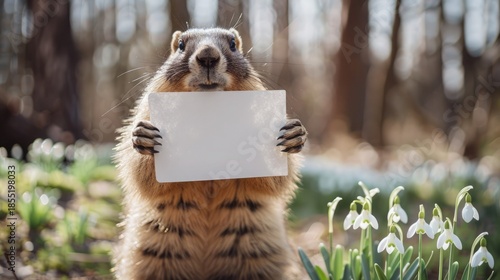 A cute groundhog stands in a spring forest, holding a white card, surrounded by snowdrops. Mock up for text, announcements, and greetings. Groundhog Day