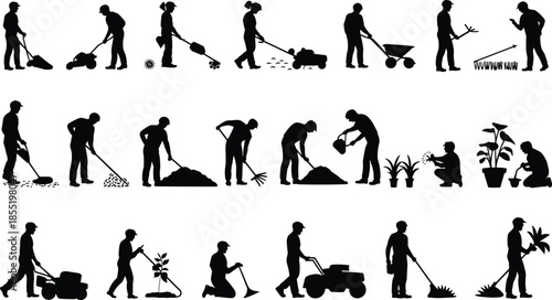 Gardening and landscaping worker silhouettes collection isolated on white background showing planting digging watering mowing and outdoor maintenance activities
