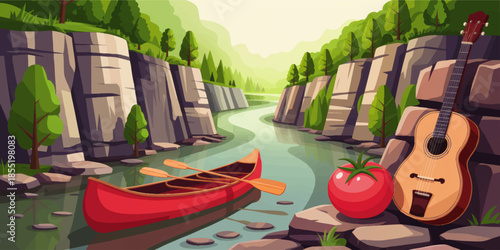 Summer river canyon with red canoe, acoustic guitar and tomato on rocky shore, peaceful green forest landscape illustration