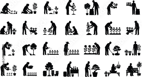 Gardening people silhouettes collection isolated on white background showing planting watering digging harvesting and garden care activities lifestyle illustration